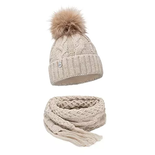 ELIMELI Hüte & Mützen ELIMELI® Winter Mütze Damenmütze mit Fell-Bommel Fleece Innenfutter gefüttert - warme Damen Bommelmütze Strickmütze - Wintermütze mit Kunstfell Bommel - Slouch Strick Beanie Made in EU