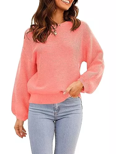 Gemijacka Pullover & Strickmode Gemijacka Damen Rundhals Pullover Loose Laternenärmel Strickpullover Kurz Sweater für Jeans Bluse