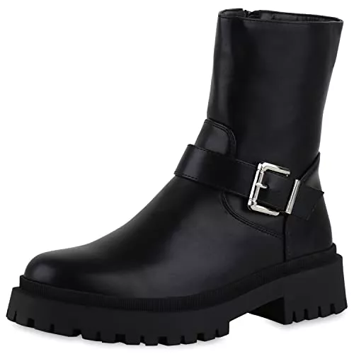VAN HILL Stiefel VAN HILL Damen Stiefeletten Biker Boots Leicht Gefüttert mit Blockabsatz Schnallen Plateau Vorne