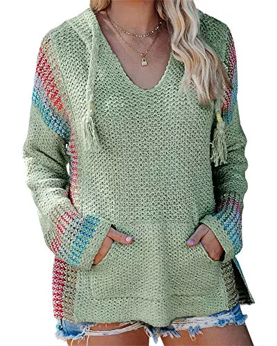 Saodimallsu Kapuzenpullover Saodimallsu Damen V-Ausschnitt Kapuzenpullover Gestreifte Lose Langarm Leichter Pullover Strickpullover mit Tasche Schwarz
