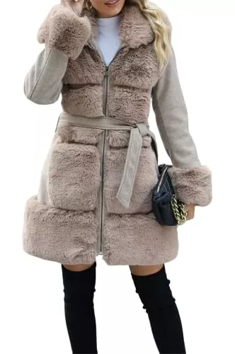 Giolshon Mäntel Giolshon Damen Langer Trenchcoat mit Gürtel Verdickter Fleece Parka Kunstleder und Wollimitat-Mischung
