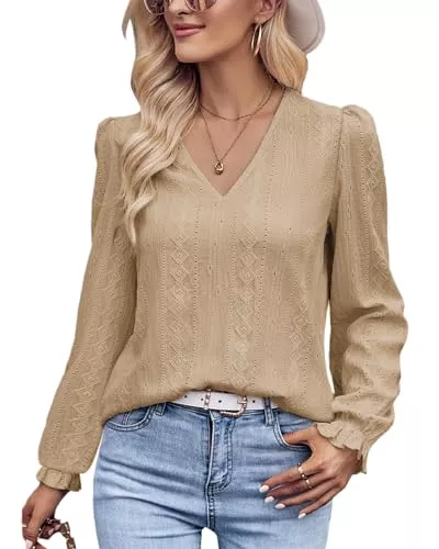 Tanmolo Langarmblusen Tanmolo Langarmshirt Damen Bluse Elegant Langarm Pullover V-Ausschnitt Tunika Lässige Oberteile Puffärmel Blusenshirt Basic Tops