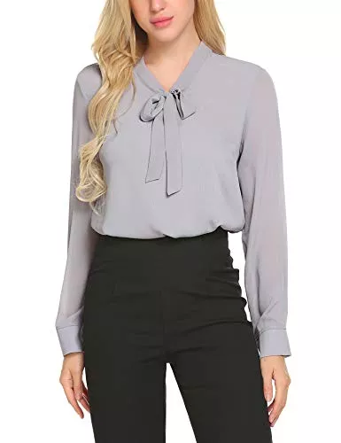 Beyove Langarmblusen ACEVOG Damen Elegant Business Chiffonbluse Schluppenshirt T-Shirt mit Schleife V-Ausschnitt Bluse Hemd Oberteil L, Grau