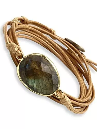 BENAVA Schmuck BENAVA Damen Wickelarmband mit Labradorit Stein Anhänger | Yoga Armband Schmuck Edelstein Grün Beige Silber | Meditation Boho Damenarmband