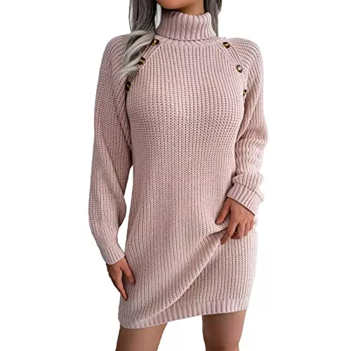 Lomelomme Freizeit Damen Strickkleider Midi Locker Minikleid Winterkleid Strickkleider Für Leggings Knielange Pulloverkleid Longpullover Sweater Kleid Strick Warme Winter Rollkragen Pulli Kleid Strickkleid