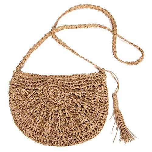 JOSEKO Taschen & Rucksäcke JOSEKO Stroh Crossbody Tasche, Strandtasche Frauen Weben Schultertasche mit Quaste Sommer Strand Geldbörse Korbtasche Einkaufstasche für Arbeit Reise Outdoor Schule Khaki
