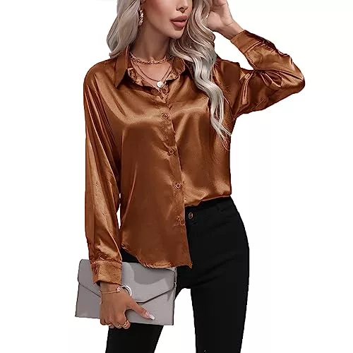 Daysskk Langarmblusen Daysskk Bluse Damen Elegant Langarm Satin Oberteile Damen V-Ausschnitt Locker