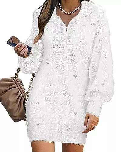 Minetom Freizeit Minetom Winterkleid Damen V-Ausschnitt Langarm Festlich Kleid Winter Warm Strickkleid Pulloverkleid Kurz Minikleid Wickelkleid Strickkleider Geripptes Kleid