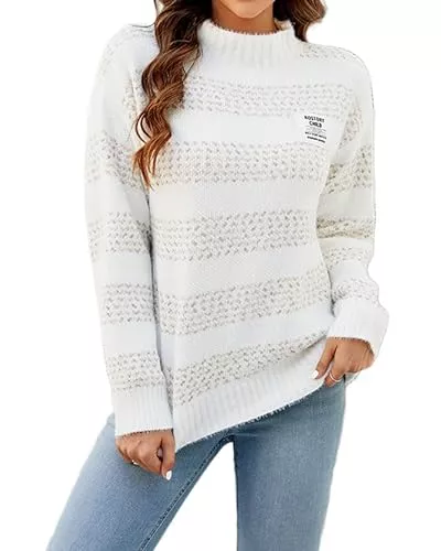 QLEVAK Pullover & Strickmode QLEVAK Damen Strickpullover Rundhals Casual Farbblöcke Pullover Winter Warm Oberteil Tops Streifen Sweater Elegant Herbst Sweatshirt Mode Tops