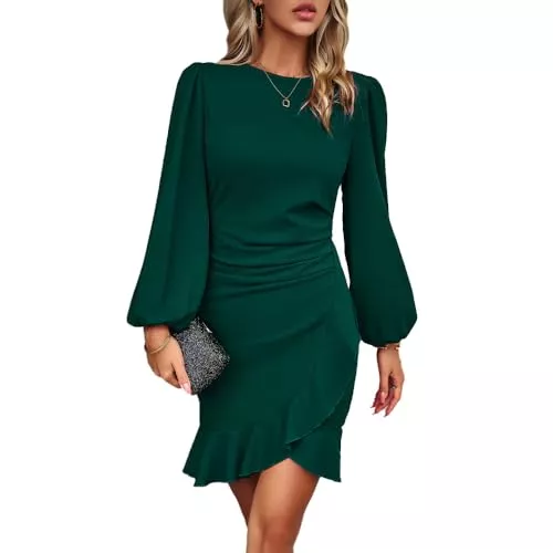 RPAEOY Business RPAEOY Damen Kleid Elegant Langarm Rüschen Bodycon Puffärmel Kurz Kleider Vintage Formal Dress Bleistiftkleid für Cocktail Abend Büro Sommer Herbst