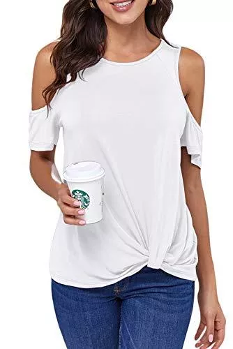 Ancapelion Ärmellose Blusen Ancapelion Cold Shoulder Damen T-Shirt Kurzarm Bluse Elegant Top Casual Sommer Oberteil Rundhals mit Twist Knoten