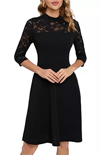 HOMEYEE Cocktail HOMEYEE Damen Elegant Spitze 3/4 Ärmel Rockabilly Kleid Retro Knielang Cocktailkleid für Hochzeit A368
