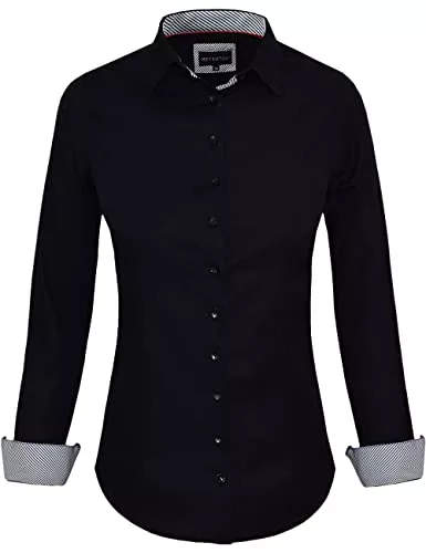 HEVENTON Langarmblusen HEVENTON Damenbluse Hemdbluse 100% Baumwolle Tailliert Schwarz