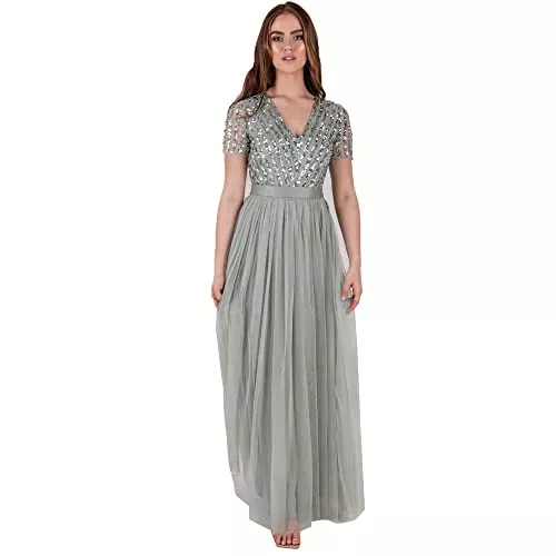 Maya Deluxe Cocktail Maya Deluxe Damen Women's Maxi Dress Ladies Bridesmaid V-Neck Ball Gown Short Sleeves Long Elegant Empire Waist Wedding Kleid