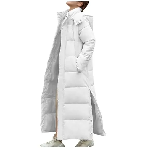 Masrin Mäntel Daunenjacke mit Kapuze Damen Langer warmer wattierter Mantel Einfarbige Winterjacke Knöchellange geschlitzte Steppjacke Daunenjacke mit Rollkragen Wintermantel Bomberjacken Übergangsjacke