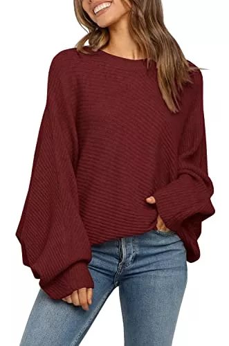 Fessceruna Pullover & Strickmode Fessceruna Damen Strickpullover Fledermausärmel Oversized Pullover Rundhalsausschnitt Winter Geripptes Sweatershirt