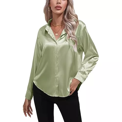 Kuukaas Langarmblusen Kuukaas Satin Bluse Damen Elegant Langarmhemd Damen mit Knöpfen Oberteil Tops Einfarbig