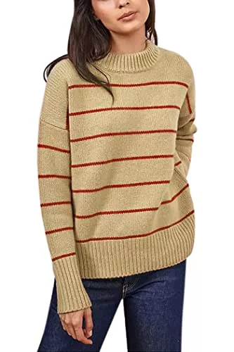 ZHILI Pullover & Strickmode Damen Pullover Casual Langarm Mock Neck Drop Shoulder Tunika Gestreift Pullover Strickpullover Tops