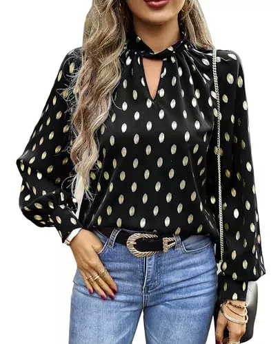 BAISHENGGT Langarmblusen BAISHENGGT Mobius's Sternenhimmel Blusen Tuniken Damen Elegant Chiffon Stehkragen Puffärmel Gold Hot Stamping Dating Party Bluse Oberteile