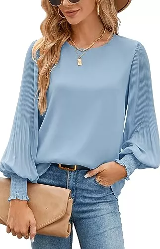 Odosalii Langarmblusen Odosalii Damen Bluse Chiffon Plissee Laternenärmel Langarm Elegant Rundhalls Oberteile Locker Doppelschicht Tunika Tops
