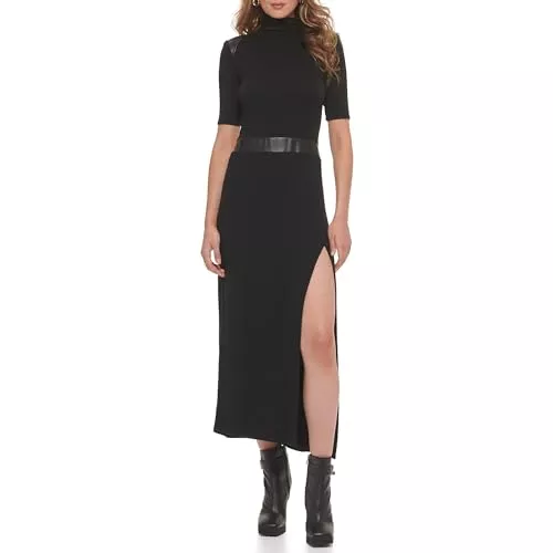 DKNY Freizeit DKNY Damen Short Sleeve Mock Neck Maxi with Pu Details Dress
