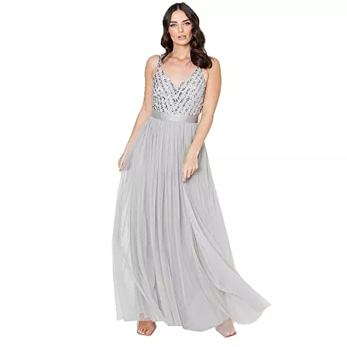 Maya Deluxe Cocktail Maya Deluxe Damen Maxi Abendkleid Elegant für Hochzeit mit V-Ausschnitt Tüllkleid Schleife Brautjungfernkleid