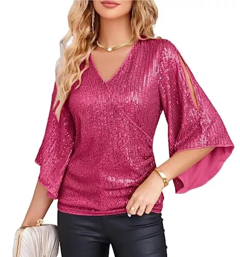 GRACE KARIN Langarmblusen GRACE KARIN Damen 3/4 Ärmel V-Ausschnitt Pailletten Glitter Party Cocktail Top Bluse