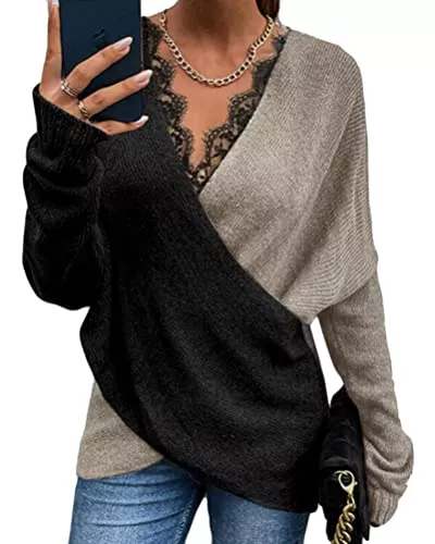 nicticsi Pullover & Strickmode nicticsi Damen Langarm V-Ausschnitt Sweater Cross Front Loose Casual Pullover Warm Oberteil Tops Elegant Herbst Winter Unregelmäßiger Sweatshirt