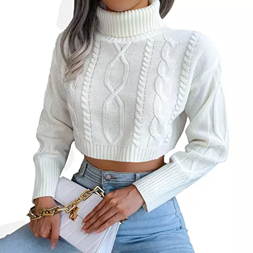 Cocoarm Pullover & Strickmode Cocoarm Frauen Kurz Crop Pullover Herbst Winter Frauen Strickpullover Rollkragen Langarm Strickpullover Einfarbig Lose Lässige Pullover für Herbst Winter