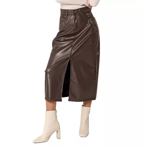 Nina Carter Röcke Nina Carter J225 Damen High Waist Wadenlanger Leder-Optik Rock mit Vorderem Schlitz Langer Rock Reißverschluss Lederlook