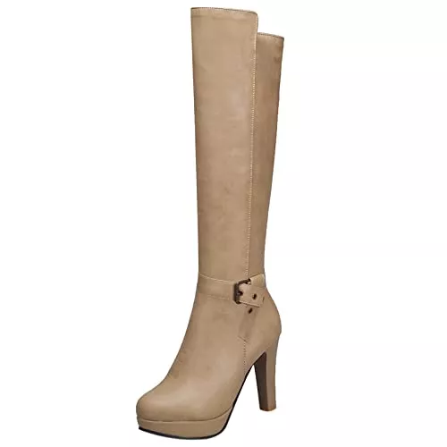 Diuniarza Stiefel Damen Kniehohe Stiefel mit Hohem Absatz, Anzugstiefel Blockabsatz Zip Runde Zehen Boots Elegant mit Plateau, Gr 32-41