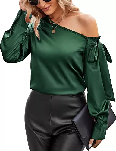 VIDUSSA Langarmblusen VIDUSSA Damen Bluse Elegant Sommer Schulterfrei Langarm/Kurzarm Lässige Tops Seidig Satin Shirts