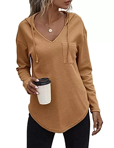 Cuptacc Kapuzenpullover Cuptacc Pullover Damen Hoodie Langarm V Ausschnitt Pullover Sweatshirt Kapuzenpullover Einfarbig Drawstring Top