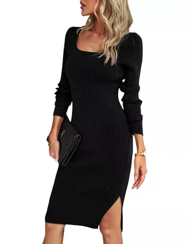 Heersan Freizeit Heersan Elegant Strickkleid Damen mit Schlitz Figurbetontes Kleid Rippstrick Pulloverkleid Langes Herbst-Winterkleider Mit U Ausschnitt Party Kleid（S-XL