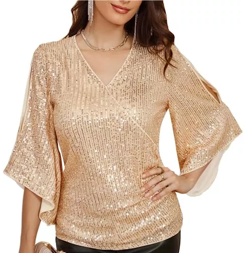 GRACE KARIN Langarmblusen GRACE KARIN Damen 3/4 Ärmel V-Ausschnitt Pailletten Glitter Party Cocktail Top Bluse