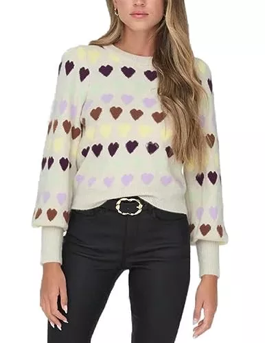 ONLY Pullover & Strickmode Only Damen Pullover Ballon Ärmel Beige Herzdruck