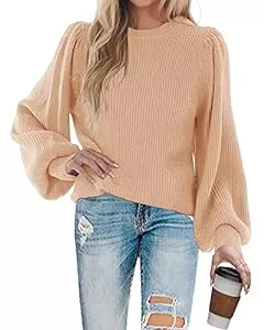 MaQiYa Pullover & Strickmode MaQiYa Damen Puff Langarm Pullover Oversized Casual Rundhalsausschnitt Rippstrick Loose Fit Pullover Sweater Tops