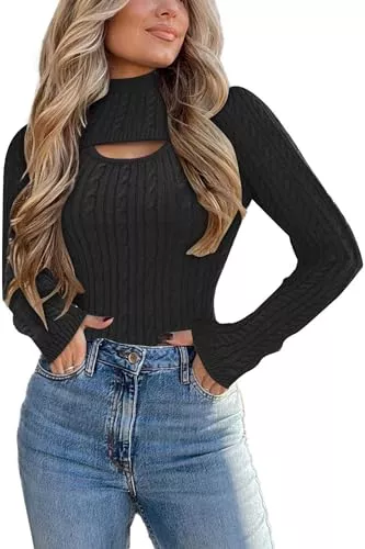 Famulily Pullover & Strickmode Famulily Damen Sexy 2 Teiler Cutout Cable Stickpullover Separat Tank Top und mittelstandskragen Shrug Oberteil Langarm