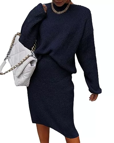 ORANDESIGNE Freizeit ORANDESIGNE Damen 2 Stück Röcke Outfits Lange Ärmel Strickpullover Geschlitzter Bodycon Midi Rock Herbst Winter Pulloverkleider Set 2 -Teilige Röcke Set