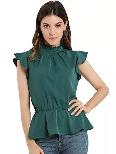 Allegra K Ärmellose Blusen Allegra K Damen Kurzarm Stehkragen Rüschen Plissee Peplum Top Bluse