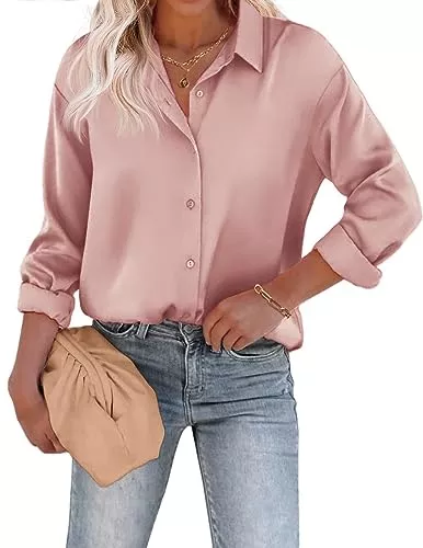 Beyove Langarmblusen Beyove Damen Bluse Satin Seide V-Ausschnitt Hemden Elegant Langarm Business Oberteile mit Knöpfen Tops Lose Langarmshirt