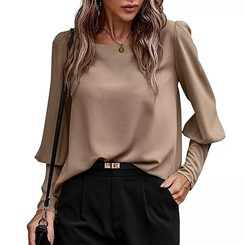 KONFEN Langarmblusen KONFEN Damen Langarm Rundhals Oberteile, Top Langarmshirt Bluse Laternenärmel, Viereckiger Ausschnitt Langarmshirt, Casual Shirts Top Elegant Herbst Winter Lockeres Hemd, Braun/Schwarz/Grün, M-XXL