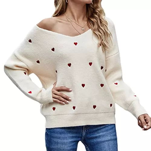 Tomwell Pullover & Strickmode Tomwell Pullover mit Herzen Muster Damen Valentinstag Pullover Elegant Winter Oversize Langarm Beiläufige Grobstrickpullover Strickpullover Casual Lose Pulli Oberteile