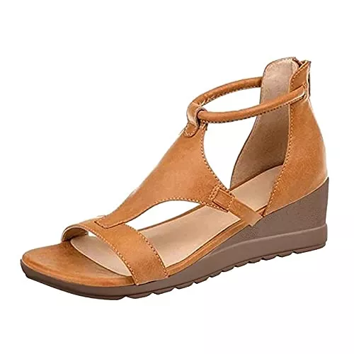 BTKD Sandalen & Slides BTKD Sandalen Damen mit Absatz Elegant, Sommer Offene Schuhe Faux Leder Plattform Rom Damen Flip Flops Freizeit Sommerschuhe mit Strandsandalen Freizeit Schuhe Wedges Hausschuhe,Braun
