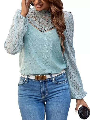 GORGLITTER Langarmblusen GORGLITTER Damen Elegant Blusen Stehkragen Oberteiel Hemdbluse Langarm Spitzen Tunika Bluse mit Laternenärmeln