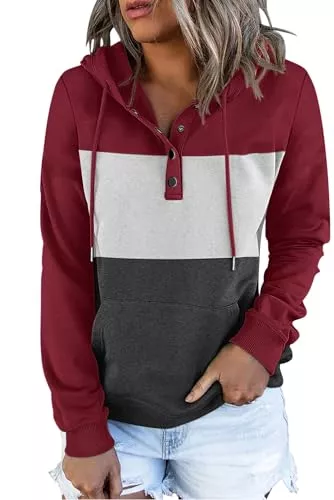 Dordanity Kapuzenpullover Dordanity Hoodie Damen Kapuzenpullover V-Ausschnitt Patchwork Sweatshirt mit Knopfleiste Pullover Herbst Winter Warm Oberteil mit Kängurutasche