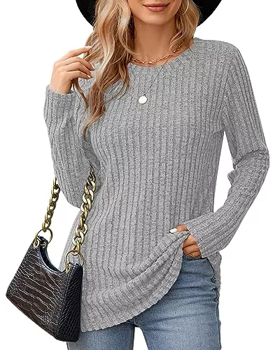 WNEEDU Pullover & Strickmode WNEEDU Damen Langarm Shirts Rundhalsausschnitt Damen Tunika Oberteile Leichte Lässig Sweatshirt