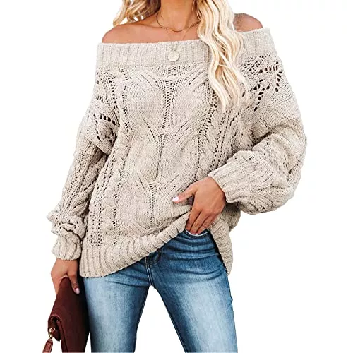 Bichingda Pullover & Strickmode Bichingda Schulterfreier Damen-Pullover, Fledermausärmel, lose Übergröße, Zopfmuster, Pullover, Tops