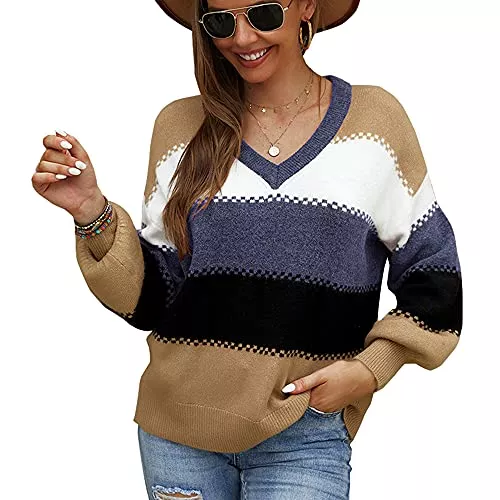 Saiqigui Pullover & Strickmode Saiqigui Frauen Flauschiges Garn V-Ausschnitt Pullover - Damen Alltag Casual Herbst Winter Laterne Langarm Strickwaren Gemütlicher Look Sweater Strickpulli Oberteil