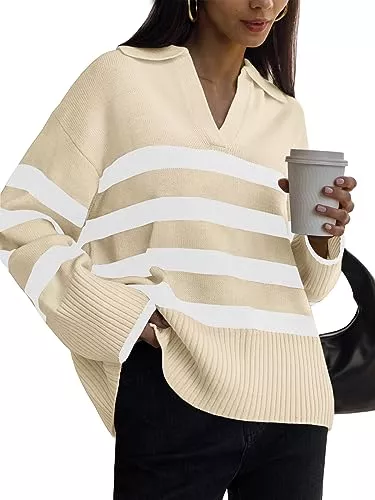 LILLUSORY Pullover & Strickmode LILLUSORY Herbst Damen Gestreifte Mode 2023 Pullover Kragen Übergroße Outfits Strickpullover Tunika Tops